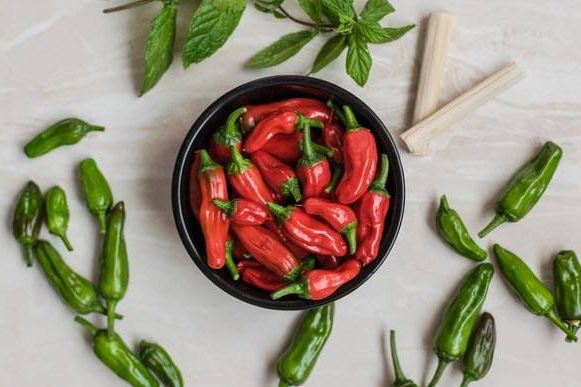 Chilifrukter i svart skål åå ett vit marmorerat bord. Runt skålen ligger det gröna chilis, i skålen röda chili. Ovanför ligger en kvist med grön ört, mynta. Kryddor och örter.