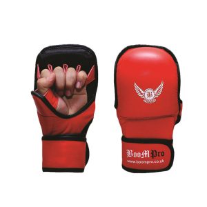 Boom Pro Boxing Gloves Sparring Muay Thai Kick Punch Bag Fight MMA Training Mitts Grappling Training Ideal For Serious MMA Trainers and Professionals for Sparring and Heavy Bag Training Made up of Premium Cow Hide Leather with open palm design Provides unmatched Durability and Grappling ability, Refined glove shape for improved finger flexibility and hand protection Padded with extra-thick pre-curved high Density GEL Integrated latex foam core for the ultimate impact absorption and to protect against training injuries. Ideal for all stand up striking and grappling training. Very light weight yet. Durable design with Full wrist wrap strap and Velcro Closure System provides superior wrist support and allows more customizable non slip sung fitting Padded thumb for improved thumb protection during sparring Special Lining draws sweat away from the skin and Improves performance of the trainer. Features Made Up of Premium High Grain Cow Hide Leather. Padded with more than 1.5' GEL integrated High Density Latex Foam Core. Tough and Stain Resistant allows Easy Cleaning. Padded thumb for Extra Thumb Protection. AMARA inner lining to repel moisture and Absorbes Sweat. High density injection Molded foam core with multilayers of Gel Lining Delivers Unmatched protection during Training. Open Palm Design Improves Grappling.