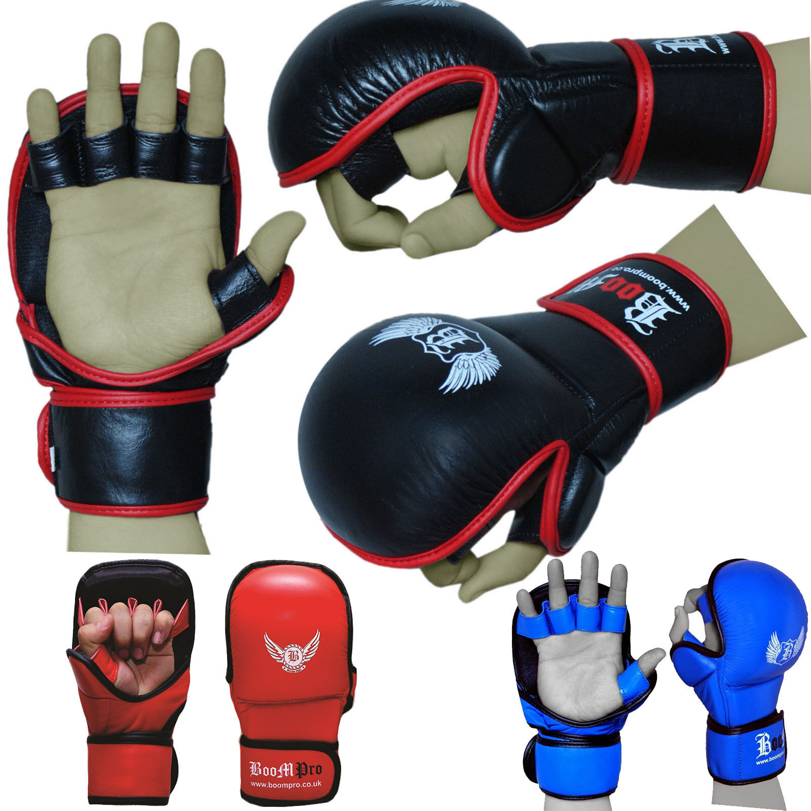 Boom Pro Boxing Gloves Sparring Muay Thai Kick Punch Bag Fight MMA Training Mitts Grappling Training Ideal For Serious MMA Trainers and Professionals for Sparring and Heavy Bag Training Made up of Premium Cow Hide Leather with open palm design Provides unmatched Durability and Grappling ability, Refined glove shape for improved finger flexibility and hand protection Padded with extra-thick pre-curved high Density GEL Integrated latex foam core for the ultimate impact absorption and to protect against training injuries. Ideal for all stand up striking and grappling training. Very light weight yet. Durable design with Full wrist wrap strap and Velcro Closure System provides superior wrist support and allows more customizable non slip sung fitting Padded thumb for improved thumb protection during sparring Special Lining draws sweat away from the skin and Improves performance of the trainer. Features Made Up of Premium High Grain Cow Hide Leather. Padded with more than 1.5' GEL integrated High Density Latex Foam Core. Tough and Stain Resistant allows Easy Cleaning. Padded thumb for Extra Thumb Protection. AMARA inner lining to repel moisture and Absorbes Sweat. High density injection Molded foam core with multilayers of Gel Lining Delivers Unmatched protection during Training. Open Palm Design Improves Grappling. Boom Pro Boxing Gloves Sparring Muay Thai Kick Punch Bag Fight MMA Training Mitts Grappling Training Ideal For Serious MMA Trainers and Professionals for Sparring and Heavy Bag Training Made up of Premium Cow Hide Leather with open palm design Provides unmatched Durability and Grappling ability, Refined glove shape for improved finger flexibility and hand protection Padded with extra-thick pre-curved high Density GEL Integrated latex foam core for the ultimate impact absorption and to protect against training injuries. Ideal for all stand up striking and grappling training. Very light weight yet. Durable design with Full wrist wrap strap and Velcro Closure System provides superior wrist support and allows more customizable non slip sung fitting Padded thumb for improved thumb protection during sparring Special Lining draws sweat away from the skin and Improves performance of the trainer. Features Made Up of Premium High Grain Cow Hide Leather. Padded with more than 1.5' GEL integrated High Density Latex Foam Core. Tough and Stain Resistant allows Easy Cleaning. Padded thumb for Extra Thumb Protection. AMARA inner lining to repel moisture and Absorbes Sweat. High density injection Molded foam core with multilayers of Gel Lining Delivers Unmatched protection during Training. Open Palm Design Improves Grappling.