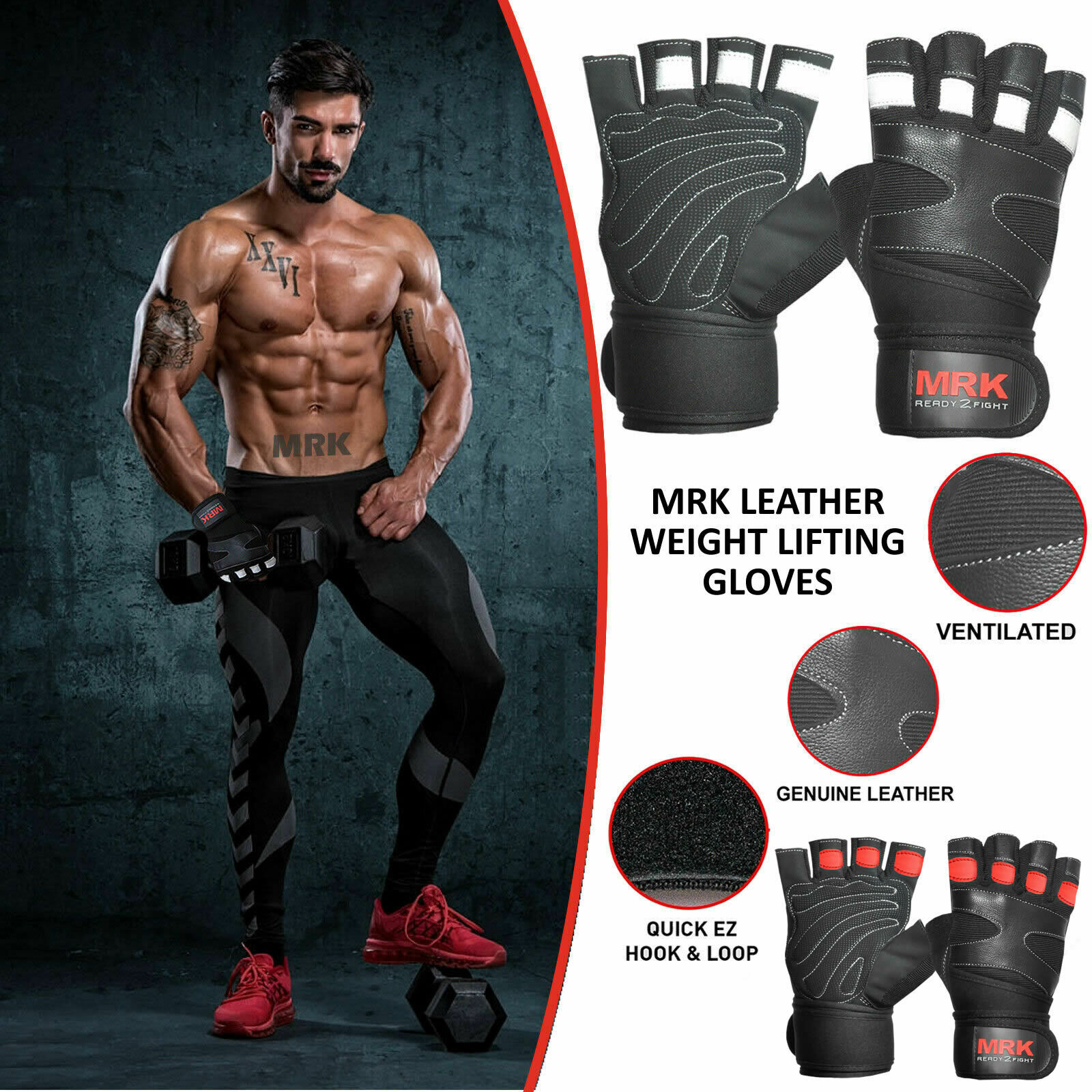 Boom Leather Weightlifting Gym Gloves Training Body Building Wrist Straps UK-1