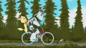 Kaisa & Harax going for a ride on a bicycle, from the animated short film Kaisa & Harax - The bicycle ride (Cykelturen).