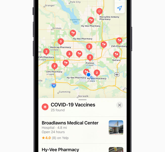 Apple Maps Now Displays COVID-19 Vaccination Locations