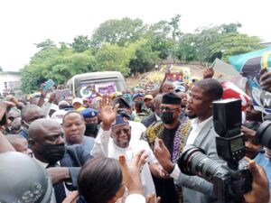 2023: Tinubu Visits Obasanjo, Scores Of APC Supporters Flood Residence