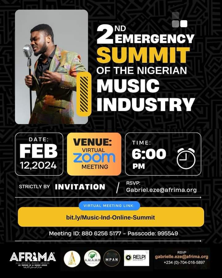AFRIMA, PMAN, MPAN, RELPI, AMAMN, Others Hold 2nd Emergency Summit On Nigerian Music Industry Monday, Feb 12