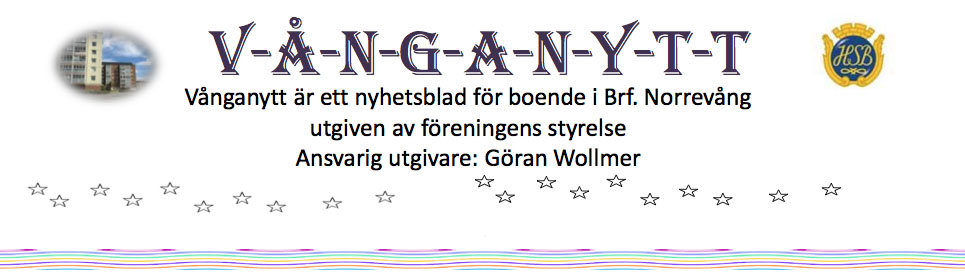 Vånganytt, ett nyhetsblad för boende i Brf Norrevång. Utgiven av föreningens styrelse. Ansvarig utgivare: Göran Wollmer.