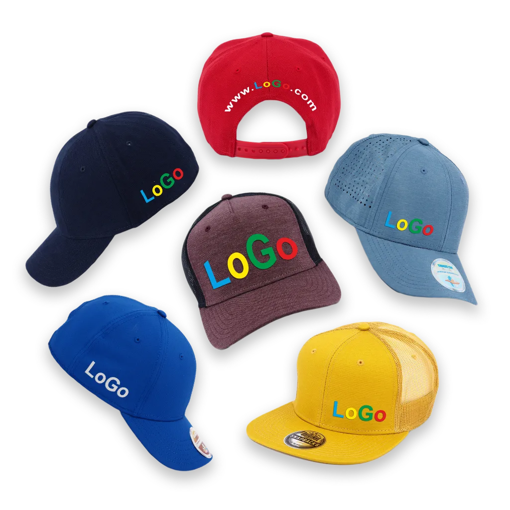 Kepsar som illustrerar olika placeringar för brodyr, tryck eller annan märkningsmetod för logotyp, t.ex. fram, bak, sidan etc.