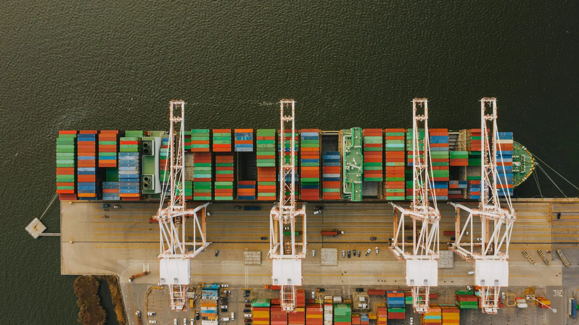 Overhead view of a cargo ship at a pier