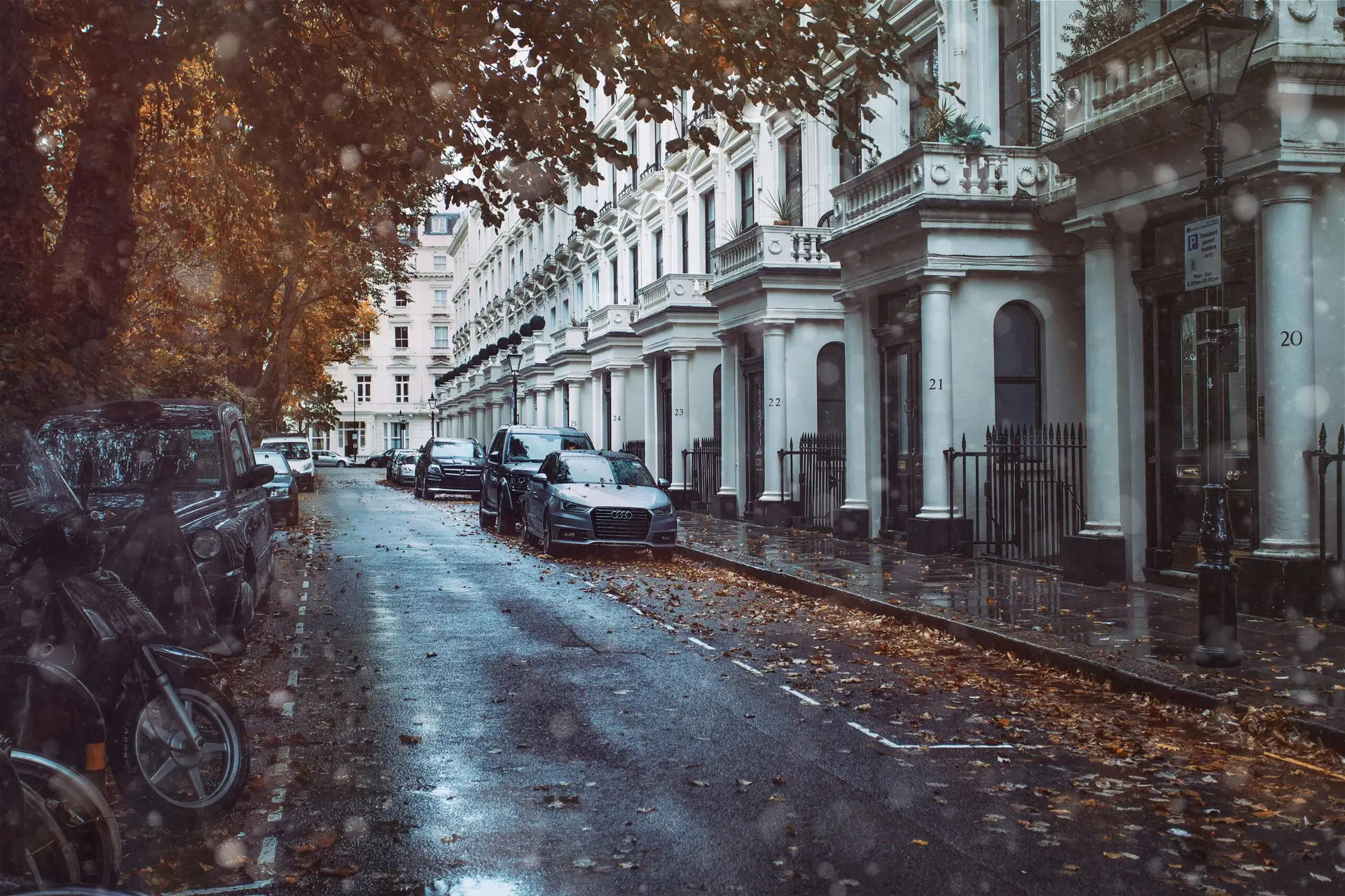 A series of houses in London on a rainy autumn day