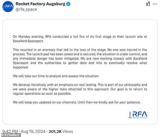 In a statement posted to X, RFA said blamed an 'anomaly' for the explosion and loss of the first stage (the rocket's bottommost portion) as it fired its engines.