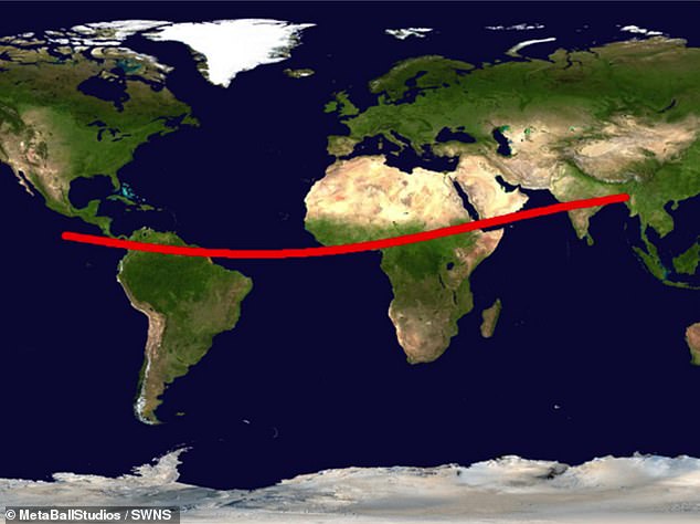 The estimated 'risk corridor' for the asteroid's impact (red line) passes over eight of the world's 100 most populated cities, with a combined population of 110 million people