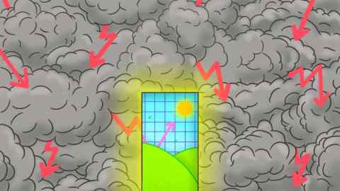 Illustration of grey cloud with a doorway leading to a sunnier day and an upward chart arrow