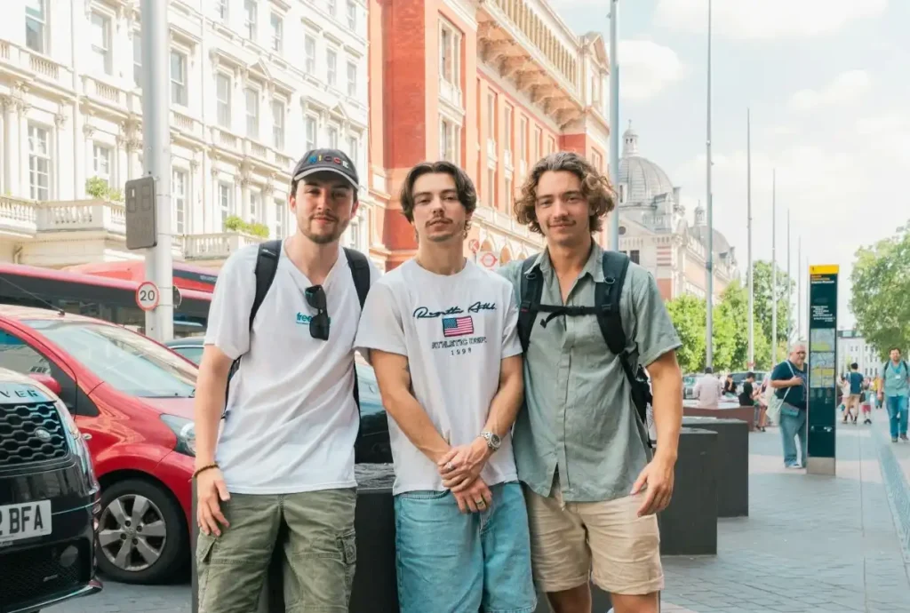 Group of international students walking safely through central London, illustrating everyday student life in a safe area near South Kensington