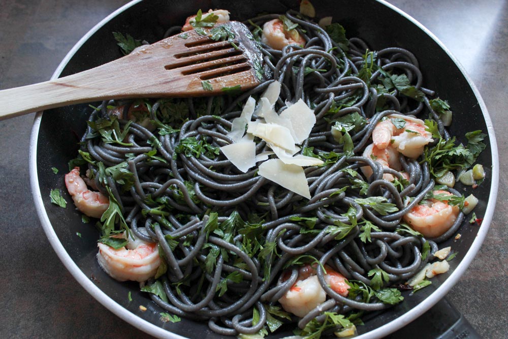 Squid ink pasta in pan