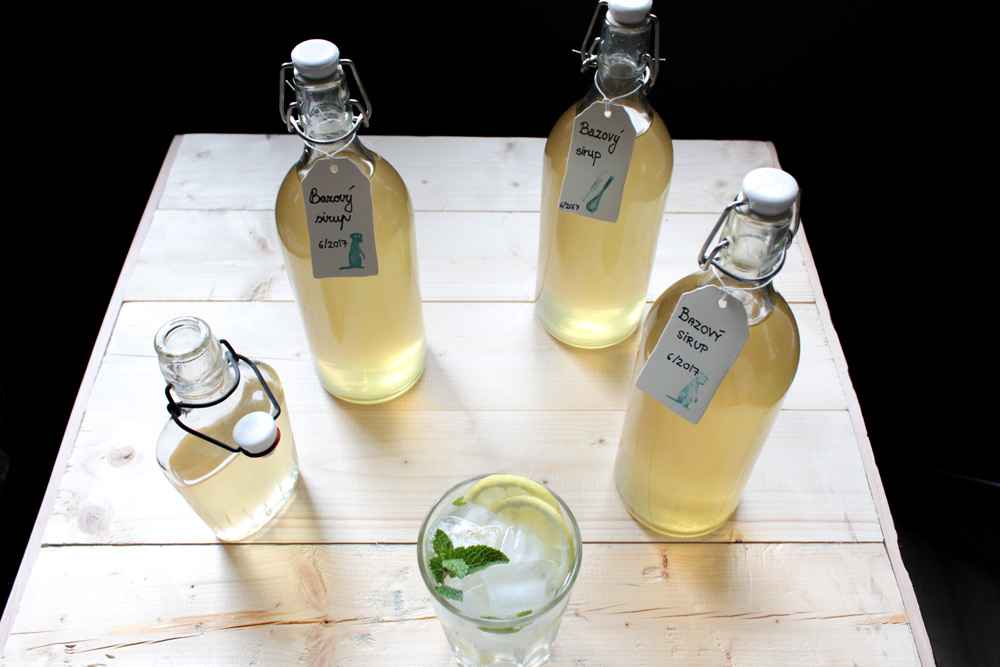 Elderflower syrup in bottles