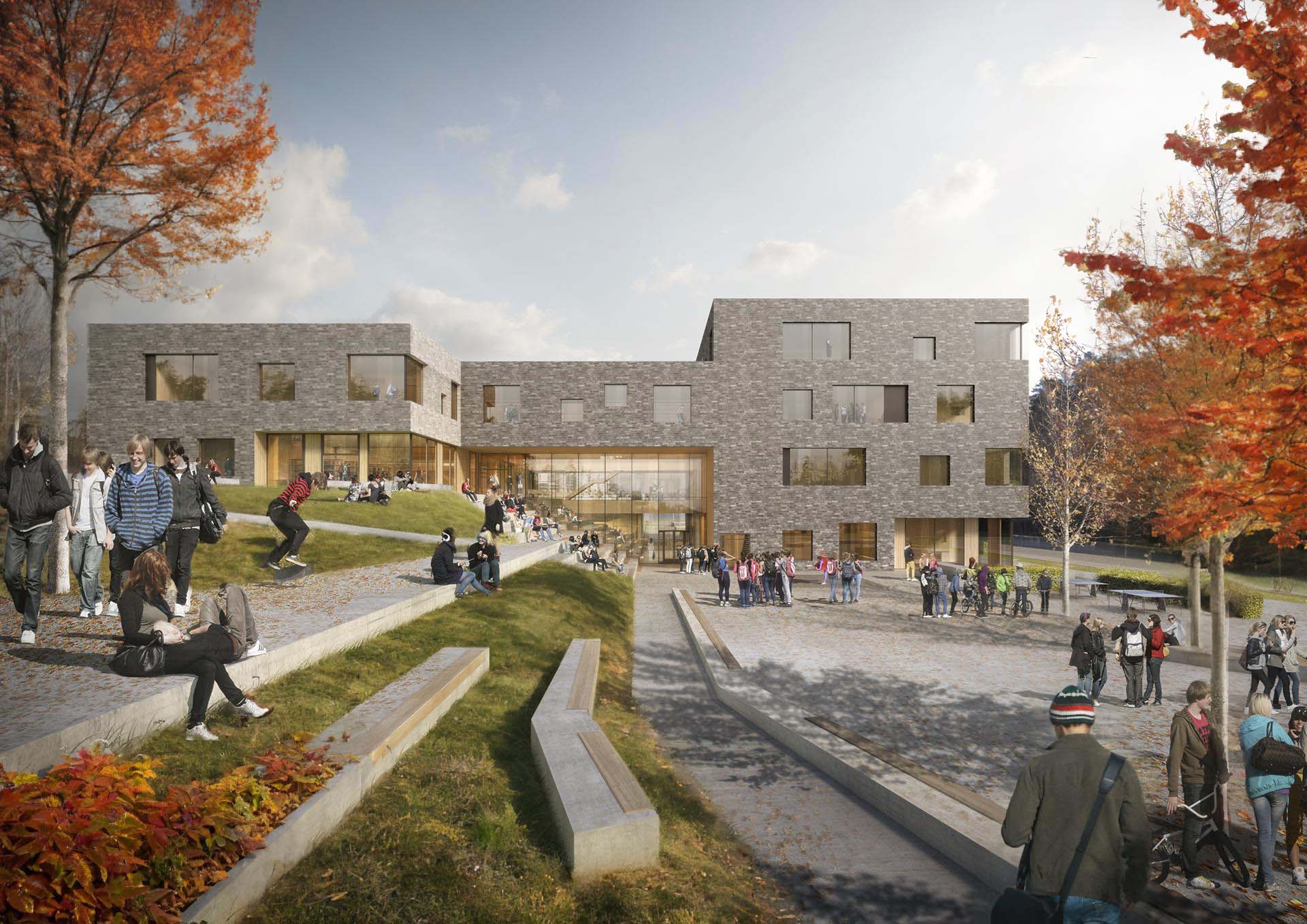<strong>Landøya Ungdomsskole</strong> – Compatition Exterior view of Landøya Lower Secondary School in Asker, Norway, designed by L2 Arkitekter. The scene features a modern, brick-clad school building surrounded by a lush autumn landscape, with students gathered on terraced seating and grassy areas, engaging in social activities under the warm sunlight.