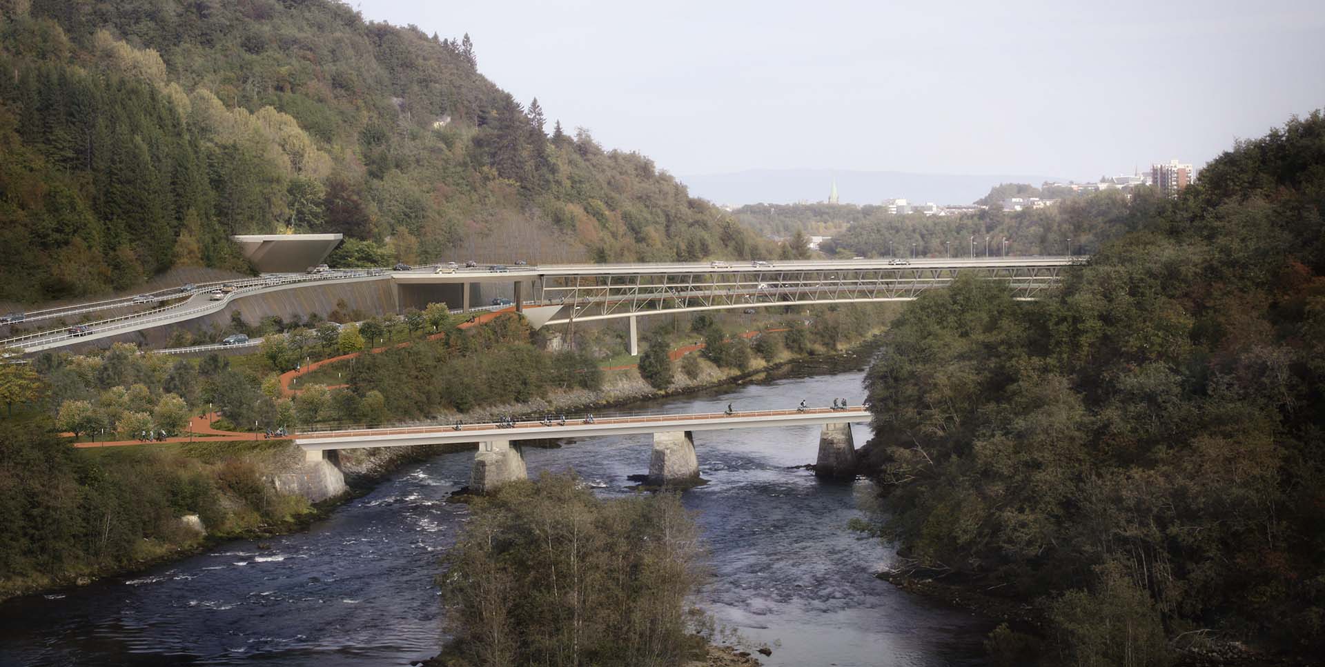 <strong>Sluppen Bro</strong> Aerial view of Sluppen Bridge in Trondheim, Norway, designed by L2 Arkitekter, showcasing a modern infrastructure project spanning a river valley, integrating pedestrian, cycling, and vehicular traffic with the surrounding landscape.