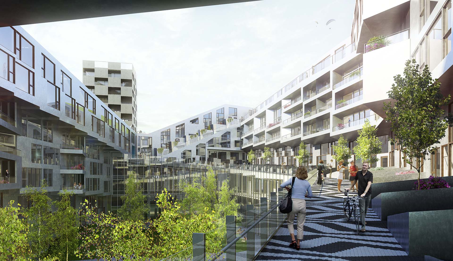<strong>8-Tallet Residential & Offices</strong> Pedestrian walkway at 8-Tallet in Copenhagen Denmark by BIG Bjarke Ingels Group featuring green courtyards and urban design