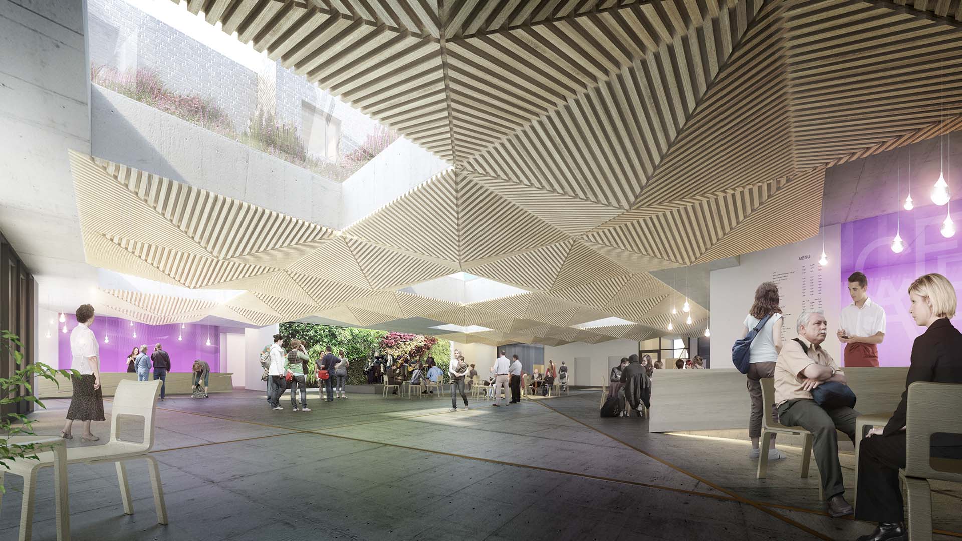 <strong>Alta Omsorgssenter</strong> – Competition Winner Interior view of Alta Omsorgssenter in Norway, designed by Asas Arkitektur, featuring a striking geometric wooden ceiling with skylights, modern open spaces, and people engaging in social activities against vibrant purple accent walls.