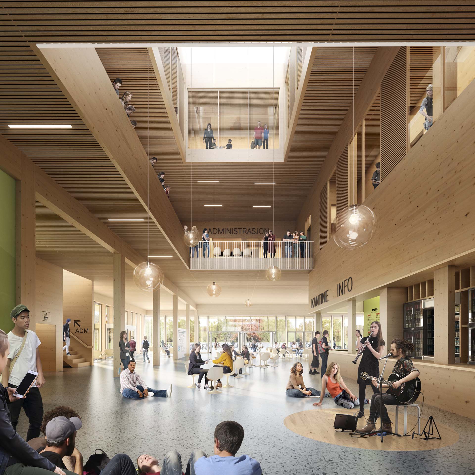 <strong>Askøy VGS</strong> – Competition Winner Interior view of Askøy Upper Secondary School in Norway designed by HLM Arkitektur, showcasing a spacious, modern atrium with wooden finishes, large windows, and students engaging in various activities, including a small musical performance.