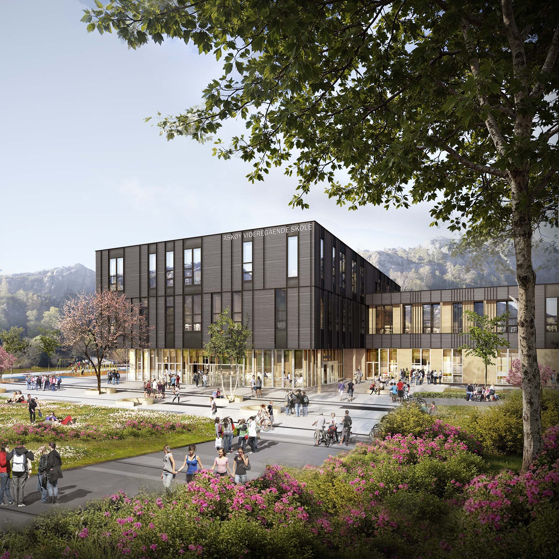 <strong>Askøy VGS</strong> – Competition Winner Daylight exterior view of Askøy Upper Secondary School in Norway designed by HLM Arkitektur showing modern architecture with students and people walking and gathering in landscaped outdoor spaces with blooming flowers and greenery