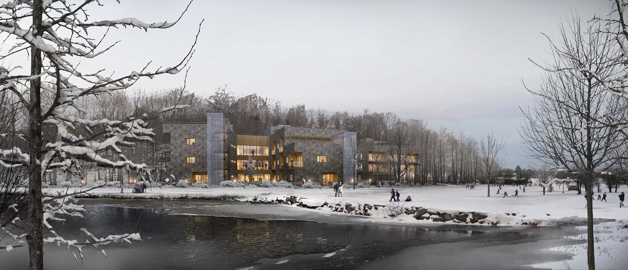 <strong>Belsjø Terrasse</strong> Exterior view of Belsjø Assisted Living Apartments in Drøbak, Norway, designed by Jostein Rønsen Arkitekter. The image captures a serene winter landscape, with snow-covered trees, a frozen lake, and people walking and playing on the ice, creating a peaceful seasonal atmosphere.