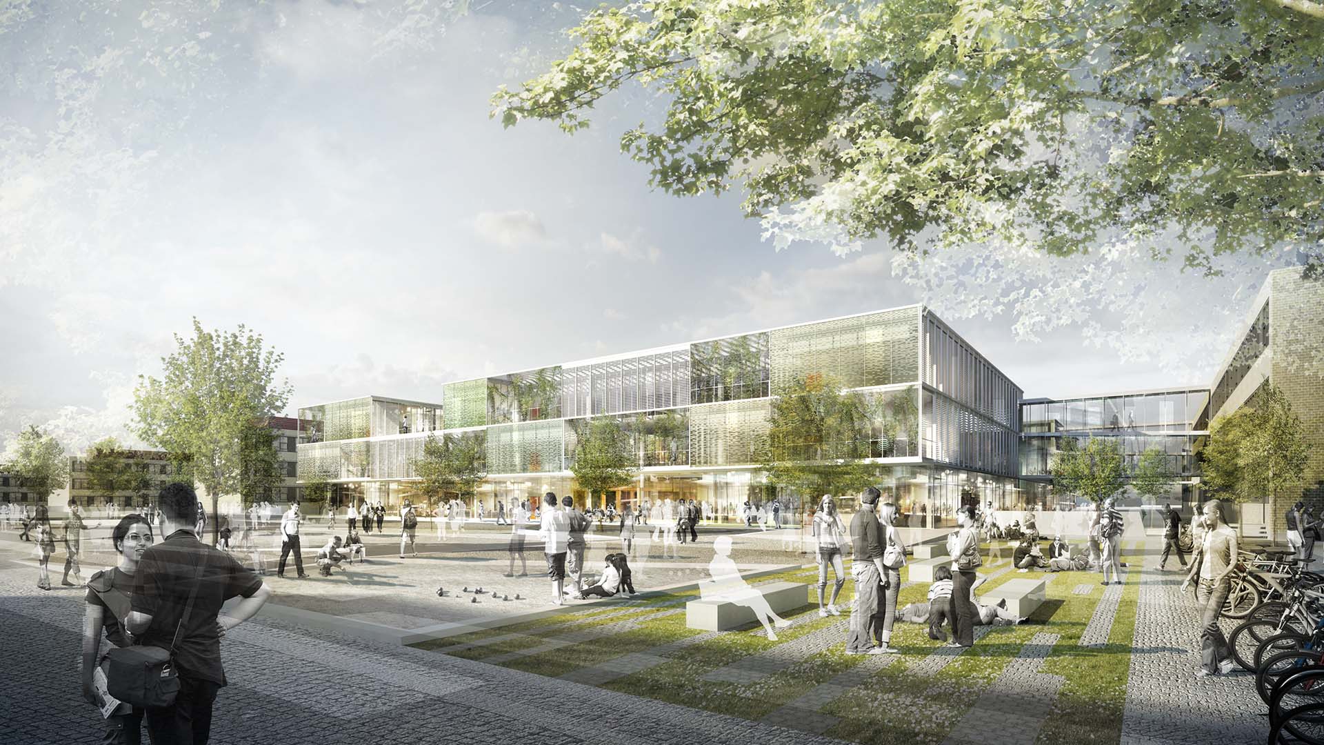 <strong>DTU Life Science & Bioengineering B202</strong> Daylight exterior of DTU Life Science & Bioengineering B202, a modern research facility with green courtyards in Lyngby, Denmark.