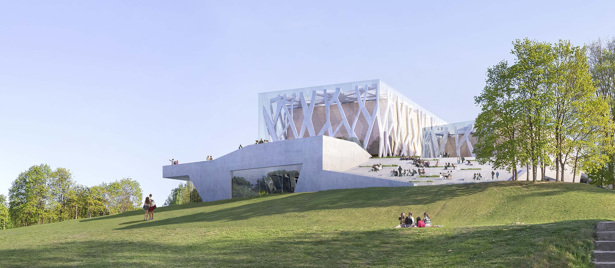 <strong>Vilnius Concert Hall</strong> – Competition Exterior view of Vilnius Concert Hall in Lithuania, designed by L2 Arkitekter. The image showcases a modern cultural venue with a distinctive architectural design, set within a lush green park under a clear blue sky, with people gathering on the outdoor terraces.