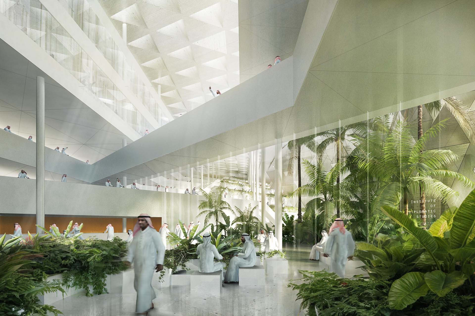<strong>Institute of Diplomatic Studies</strong> Institute of Diplomatic Studies in Riyadh, Saudi Arabia, designed by Henning Larsen Architects with an indoor tropical courtyard.