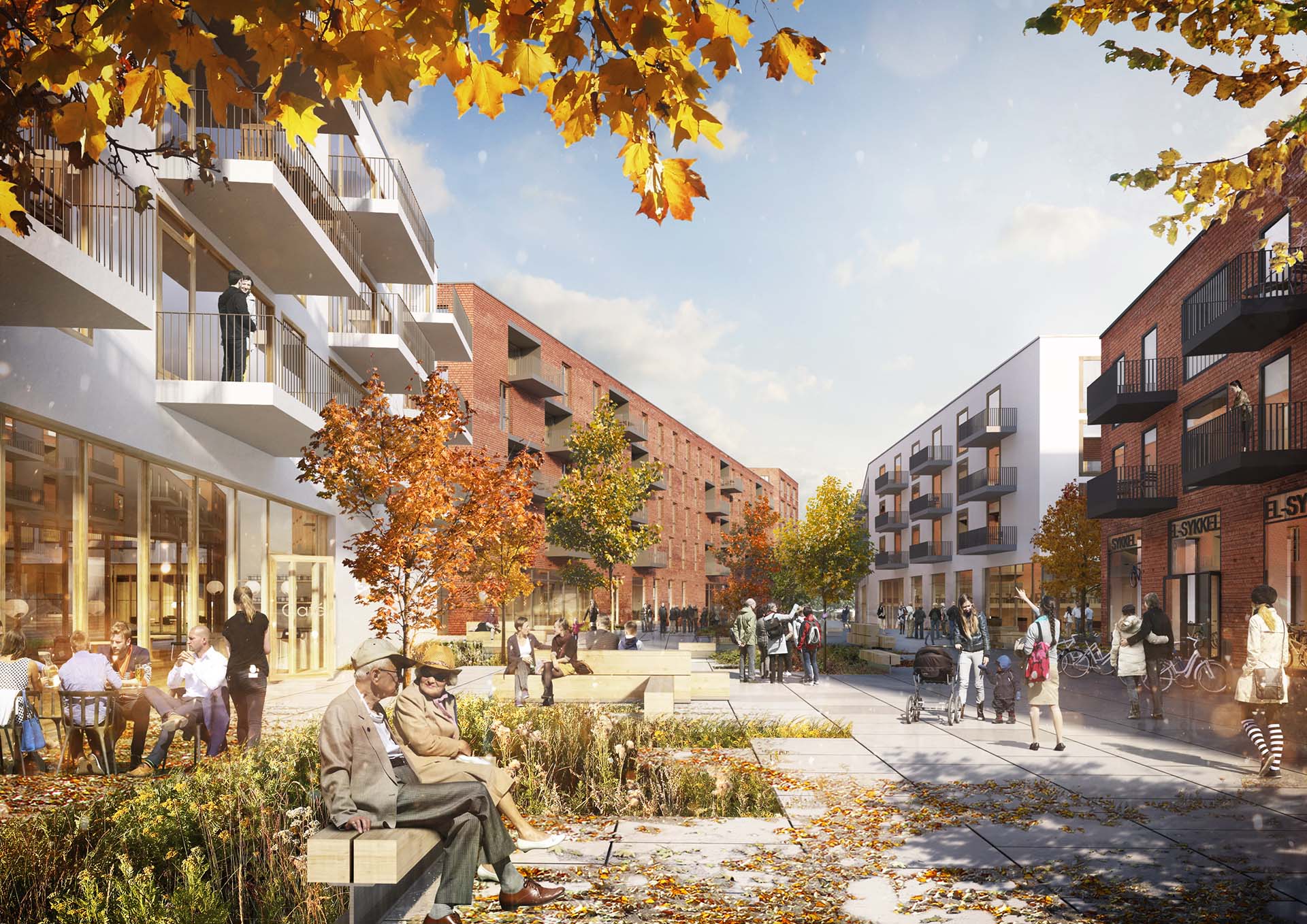 <strong>Ensjøveien 7 – Residential Masterplan</strong> Daylight exterior of the residential masterplan in Ensjø Oslo Norway designed by Stein Halvorsen Arkitekter AS developed by Axer Eiendom Skanska Eiendomsutvikling and other landowners featuring modern apartments commercial spaces and vibrant public areas with people socializing
