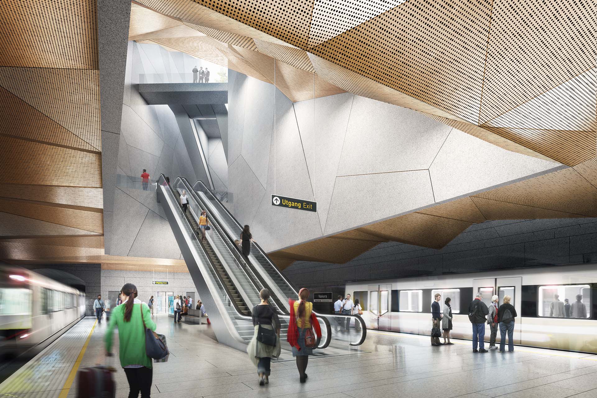 <strong>Fornebubanen Train Station</strong> – Competition Winner Fornebubanen Train Station interior with modern escalators geometric walls perforated ceiling and commuters in Oslo Norway
