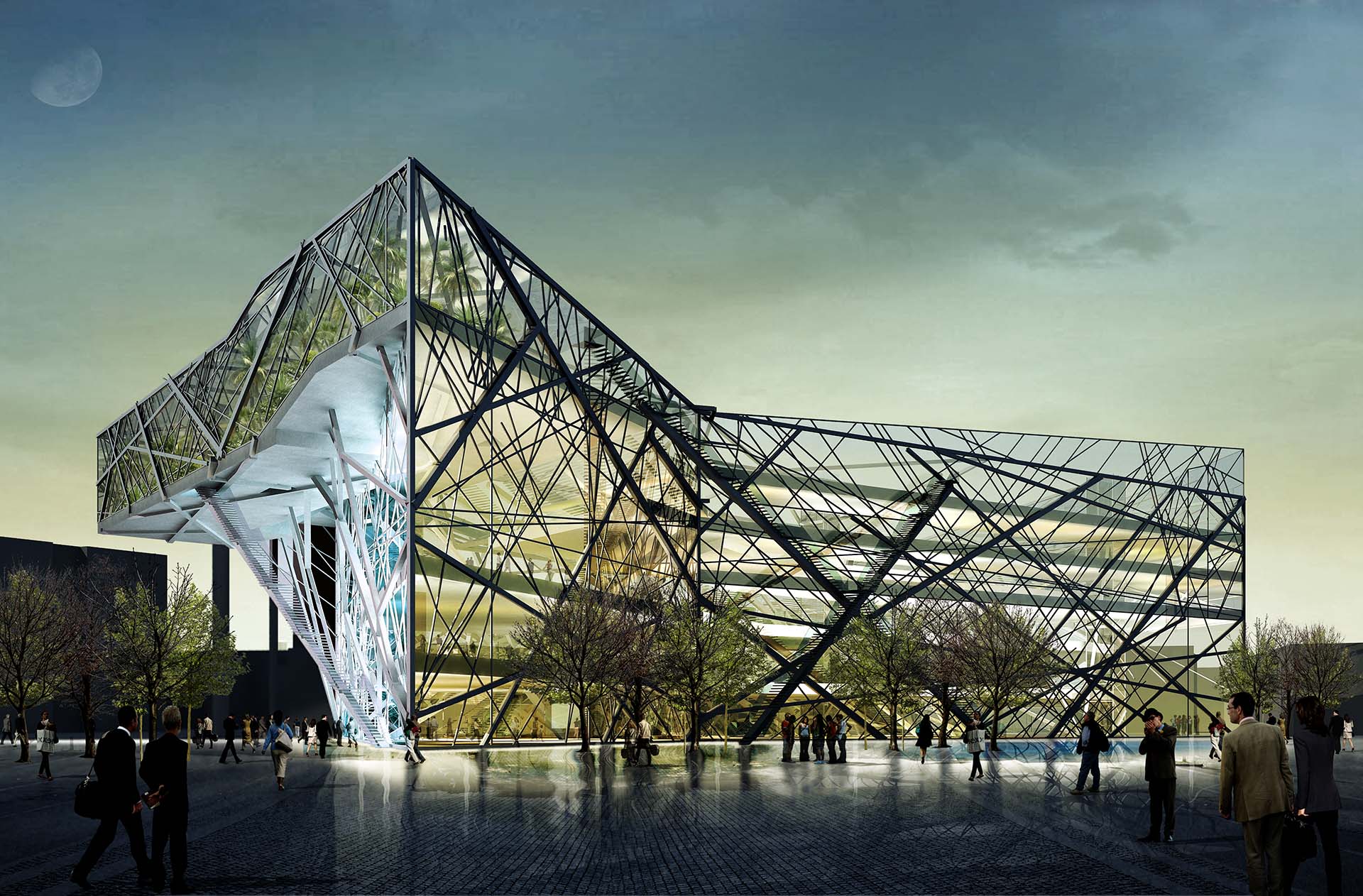<strong>European Solidarity Centre</strong> Evening view of the European Solidarity Centre in Gdańsk, Poland, designed by Søren Robert Lund Arkitekter, featuring a bold steel and glass facade.