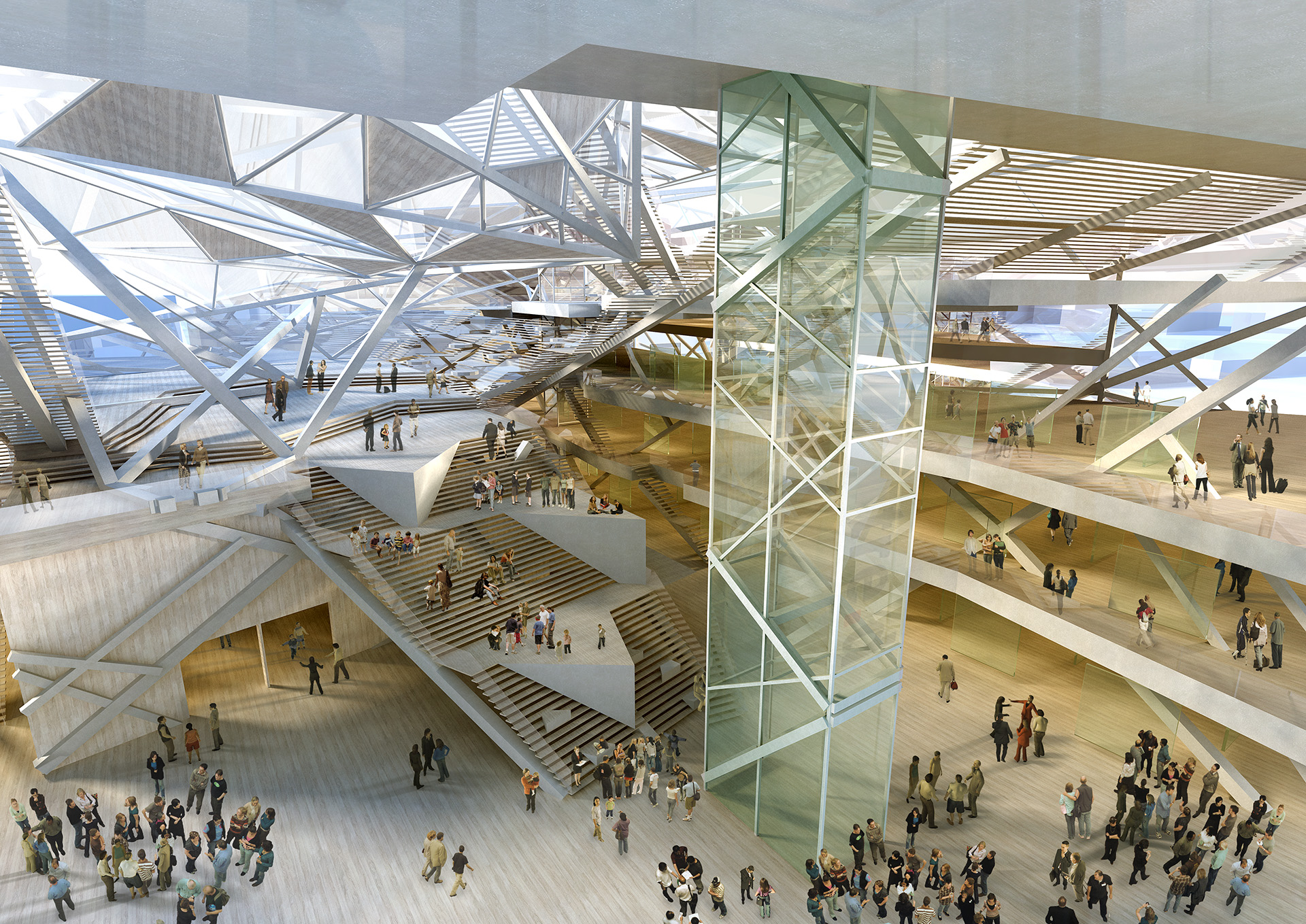 <strong>European Solidarity Centre</strong> Interior of the European Solidarity Centre by Søren Robert Lund Arkitekter, featuring a geometric glass roof and dynamic open spaces.