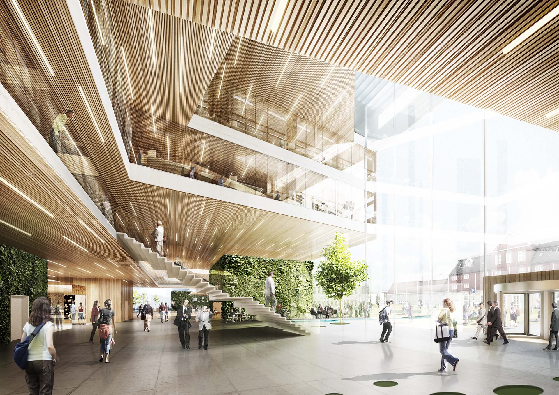 <strong>Leüthenhaven</strong> A bright interior view of Leüthenhaven in Trondheim, Norway, designed by L2 Architects. The space features a large open atrium with a wooden ceiling, floating staircases, and a glass facade, creating a dynamic connection between floors.