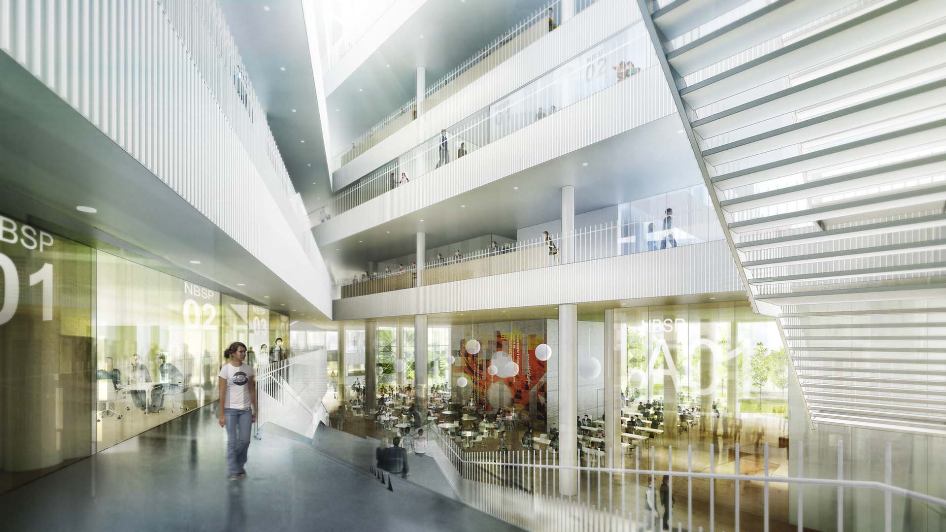 <strong>Niels Bohr Science Park</strong> – Competition Winner An interior daylight view of the Niels Bohr Science Park in Copenhagen, Denmark, showcasing multi-level walkways and an open atrium with glass railings, white surfaces, and a spacious dining area.