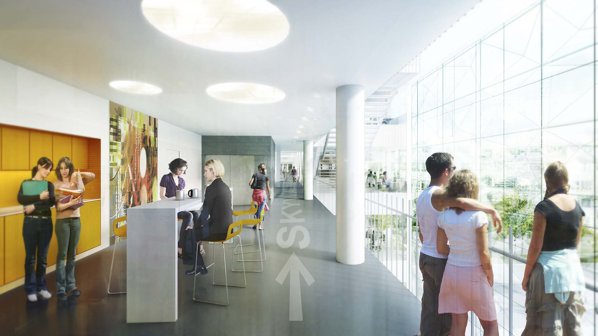 <strong>Niels Bohr Science Park</strong> – Competition Winner A daylight interior view of the Niels Bohr Science Park in Copenhagen, Denmark, featuring an elevated walkway with seating, study areas, and a coffee counter. The floor-to-ceiling glass facade provides natural light and views of the atrium below.
