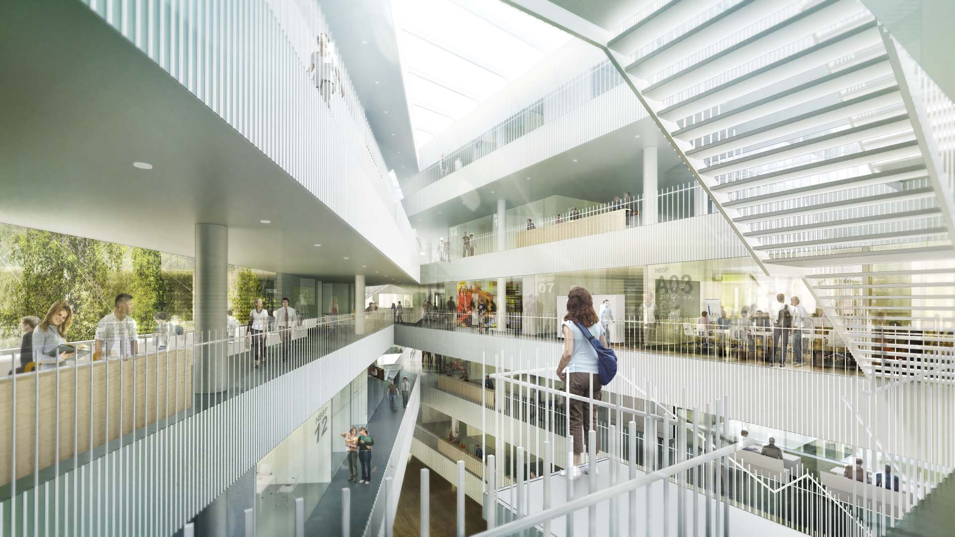 <strong>Niels Bohr Science Park</strong> – Competition Winner A daylight interior view of the Niels Bohr Science Park in Copenhagen, Denmark, featuring multi-level walkways, open railings, and glass partitions. A central staircase connects the floors, with students and researchers moving through the space.
