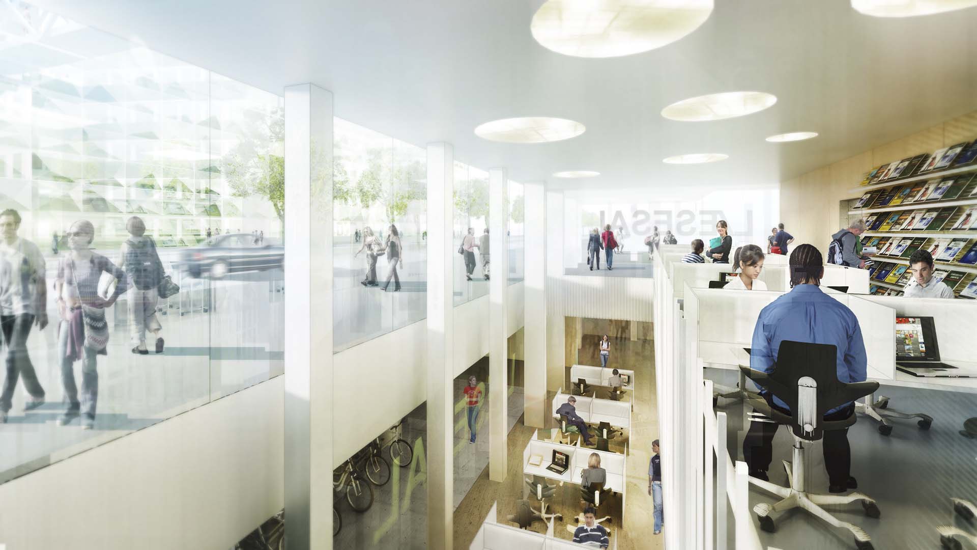 <strong>Niels Bohr Science Park</strong> – Competition Winner A daylight interior view of the Niels Bohr Science Park in Copenhagen, Denmark, showcasing a double-height study area with individual workspaces, a reading section, and an open mezzanine level. Large glass walls provide natural light and visual connection to the outside.