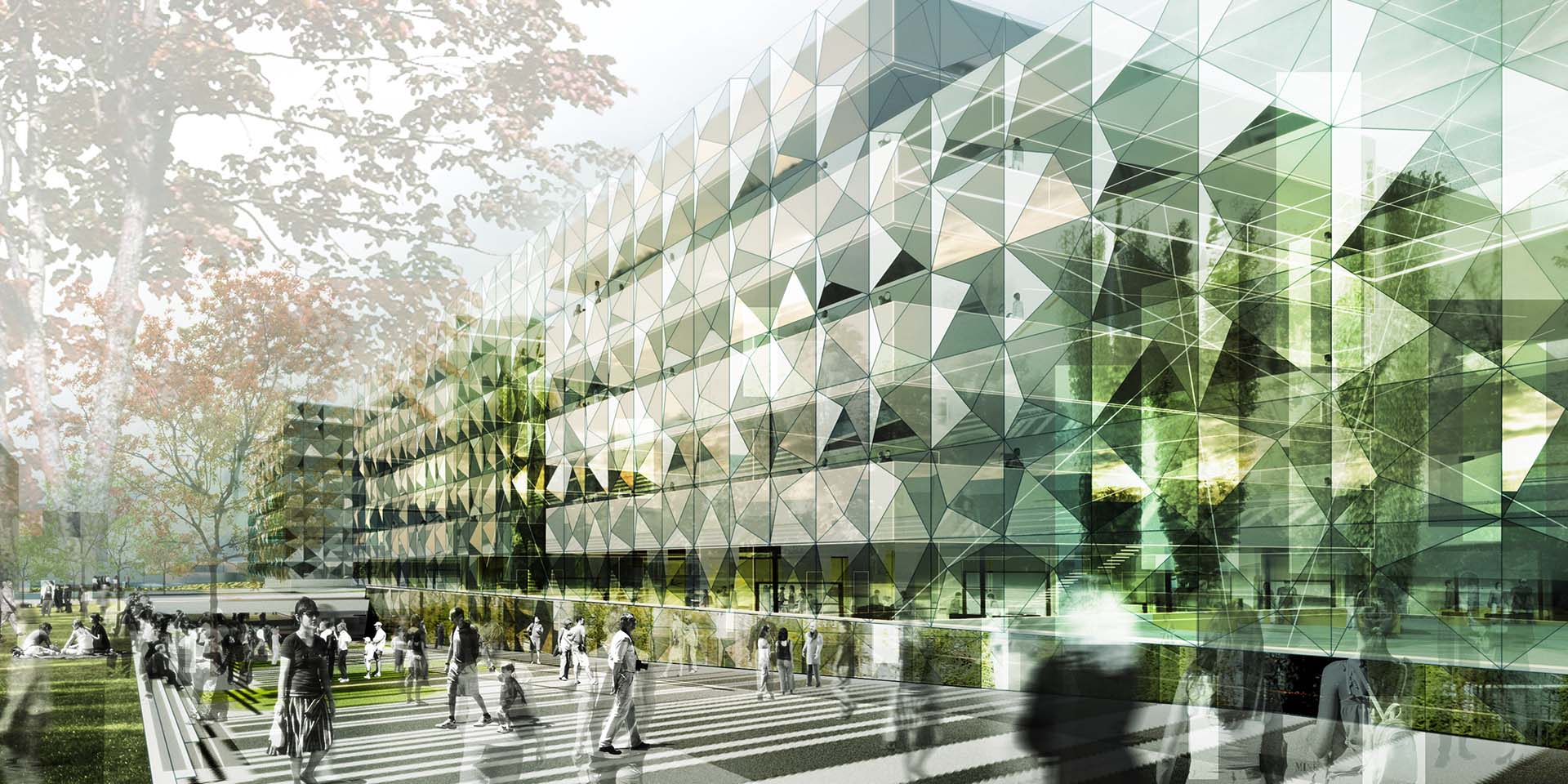 <strong>Niels Bohr Science Park</strong> – Competition Winner Exterior of Niels Bohr Science Park in Copenhagen, Denmark. The faceted glass facade reflects the surrounding greenery, creating a dynamic visual effect.