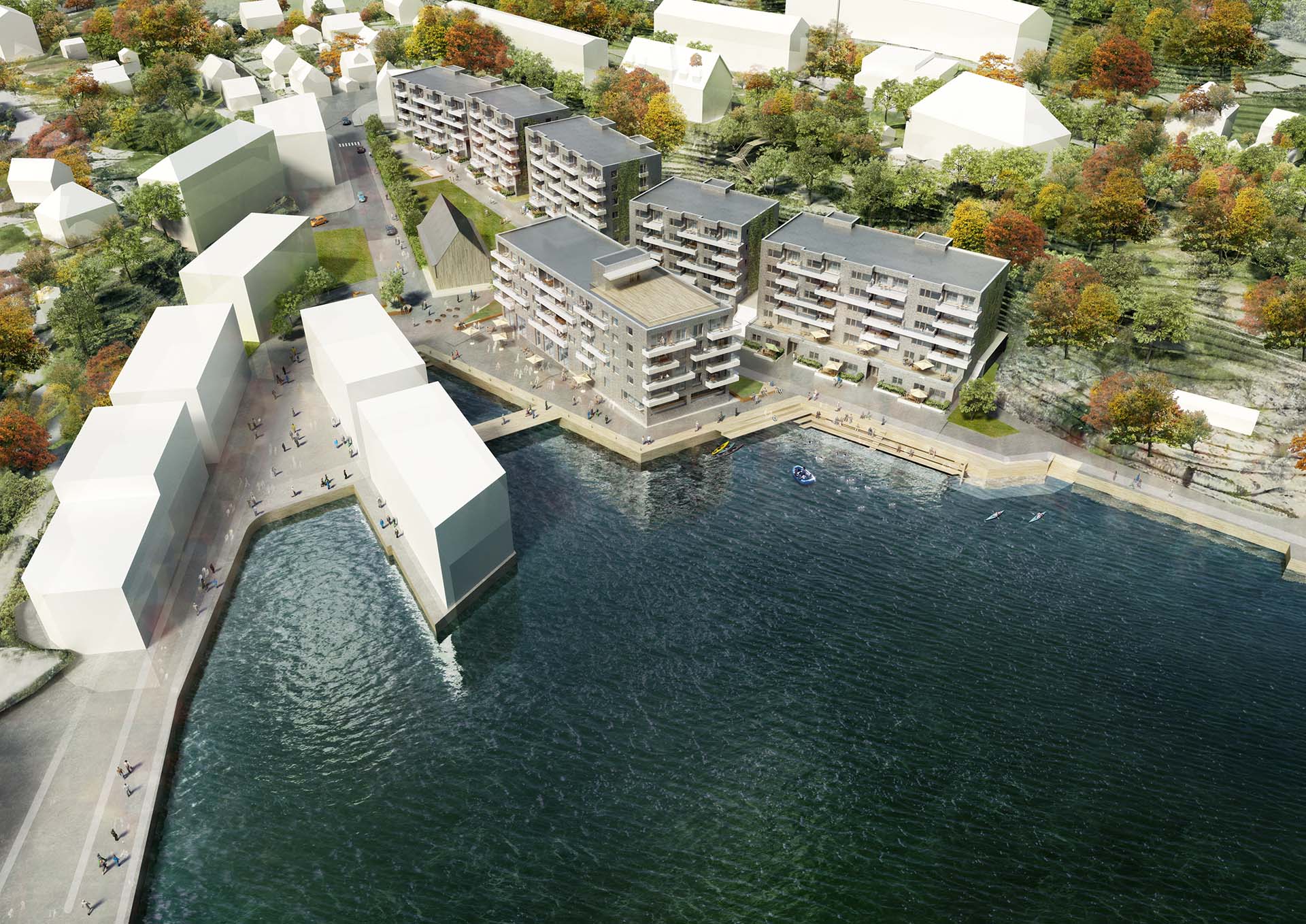 <strong>Nyhavn Residential</strong> Aerial view of Nyhavn Residential in Bergen Norway by Dyrvik Arkitekter waterfront apartments integrated with urban landscape