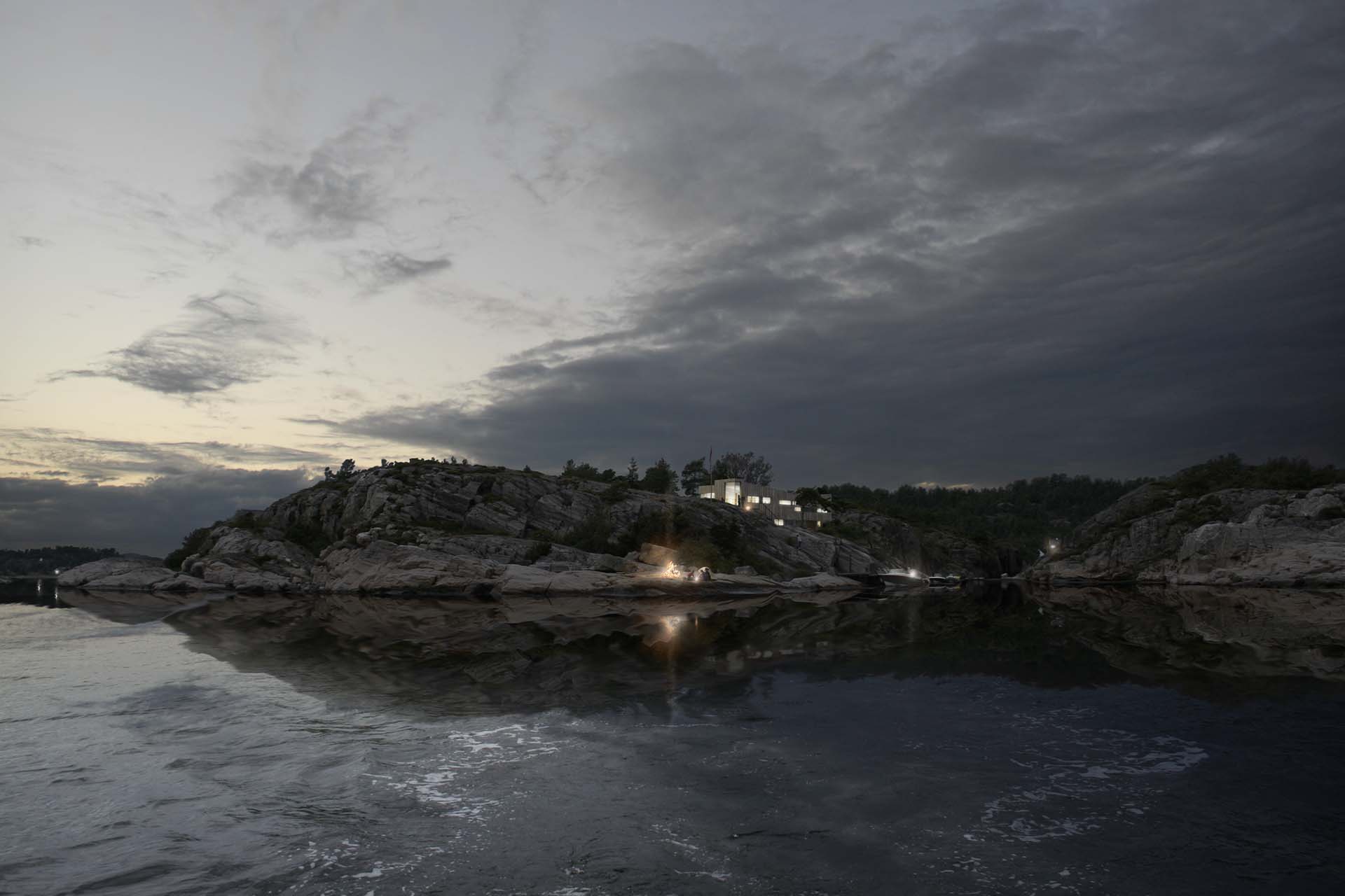 <strong>Parisholmen Private Resisdence</strong> Parisholmen Private Residence by Skaara Arkitekter in Norway at dusk, blending into the rugged coastal landscape with soft lighting
