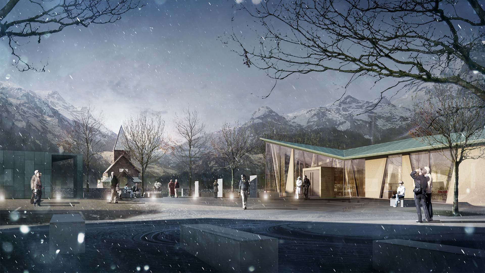 <strong>Røldal Pilgrim Center</strong> – Competition Winter exterior of the Pilgrim Center in Røldal Ullensvang Kommune Norway designed by JR Architects developed by Ullensvang Municipality with snow-covered surroundings and people walking outdoors