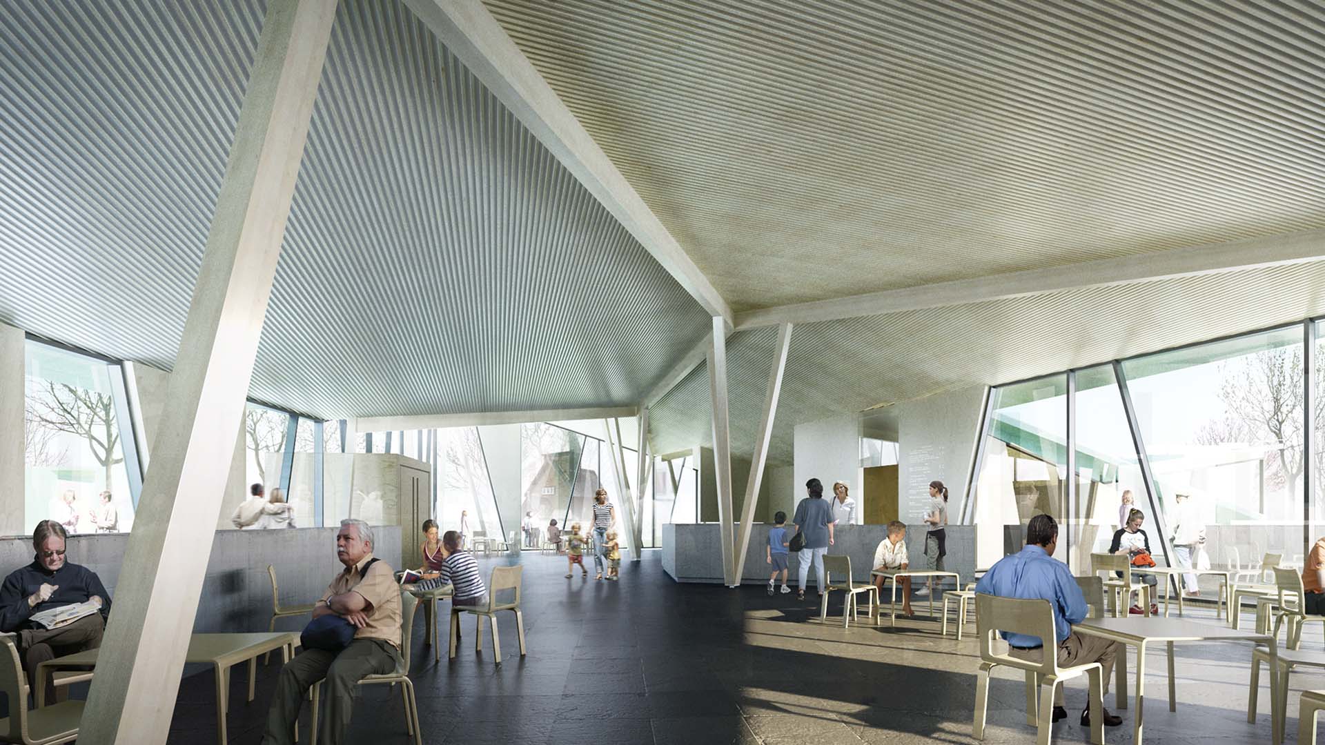 <strong>Røldal Pilgrim Center</strong> – Competition Interior of the Pilgrim Center in Røldal Ullensvang Kommune Norway designed by JR Architects developed by Ullensvang Municipality featuring open seating areas with people interacting in a bright modern space