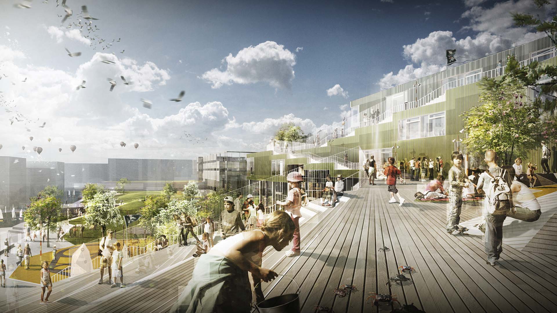 <strong>Sydhavn School</strong> – Competition Winner Sydhavn School’s outdoor learning terraces in Copenhagen, Denmark, integrating nature, play, and sustainability in education.