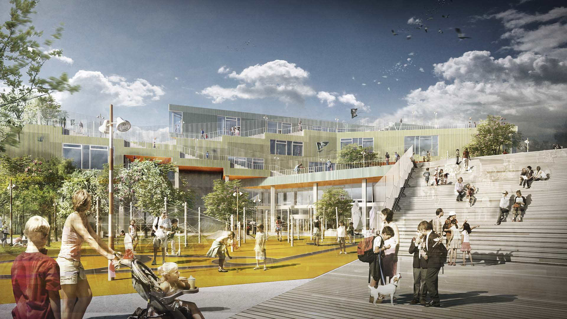 <strong>Sydhavn School</strong> – Competition Winner Sydhavn School's vibrant schoolyard in Copenhagen, Denmark, featuring play areas, seating steps, and green rooftop terraces.