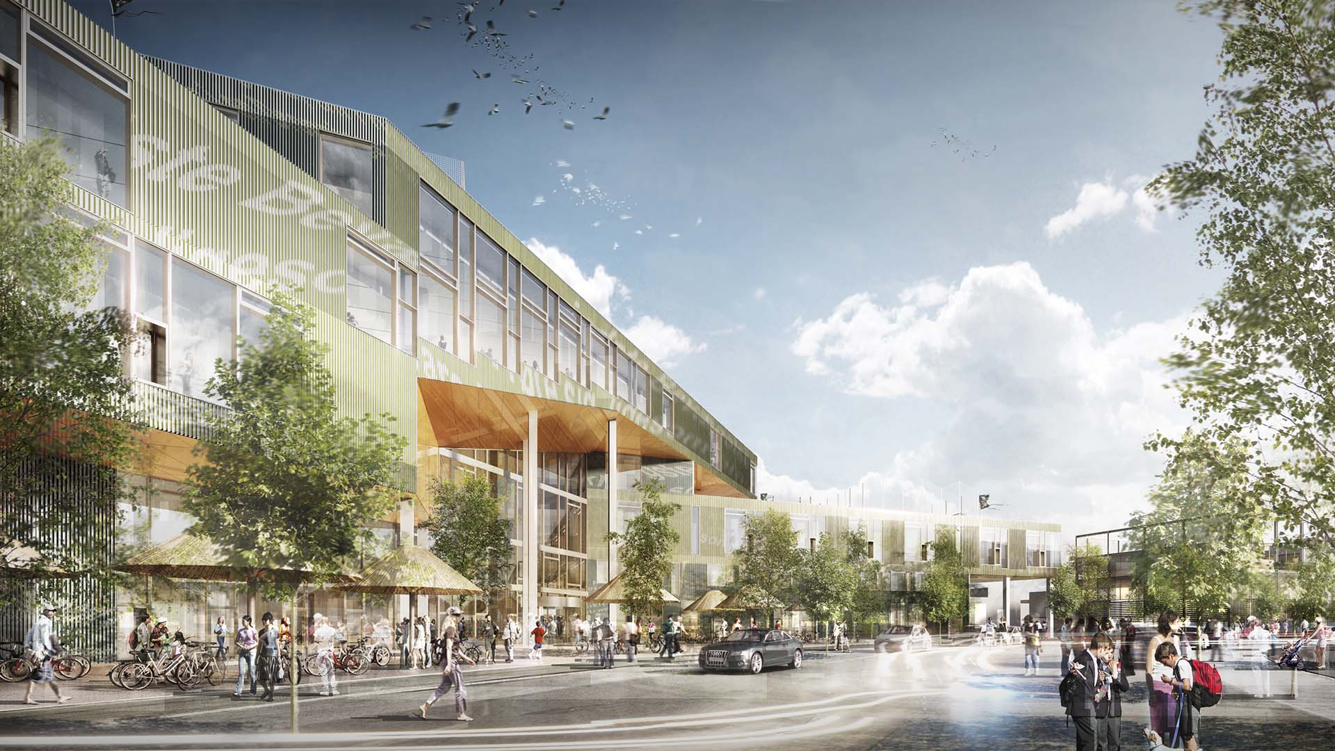 <strong>Sydhavn School</strong> – Competition Winner Main entrance of Sydhavn School in Copenhagen, Denmark, featuring green facades, urban integration, and a welcoming public plaza.