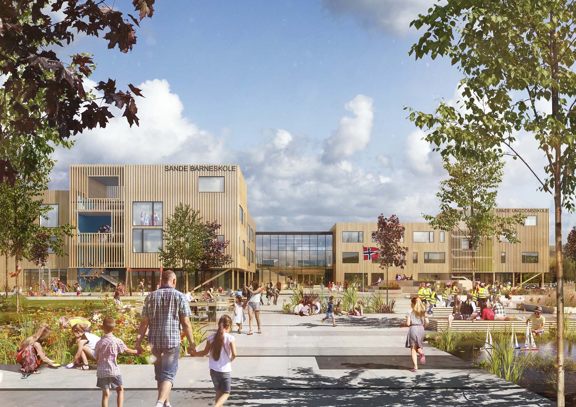 <strong>Sande Barne- og Ungdomsskole</strong> Sande Barne og Ungdomsskole by L2 Arkitekter features a wooden facade with outdoor learning areas and a natural landscape