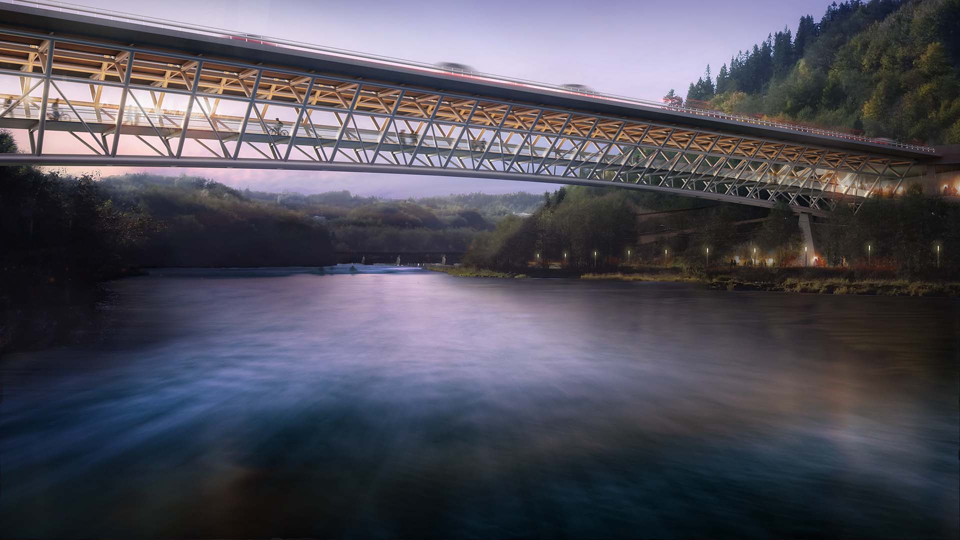 <strong>Sluppen Bro</strong> Evening view of Sluppen Bridge in Trondheim, Norway, designed by L2 Arkitekter, with its illuminated structure reflecting on the river below, integrating modern infrastructure into the natural landscape.
