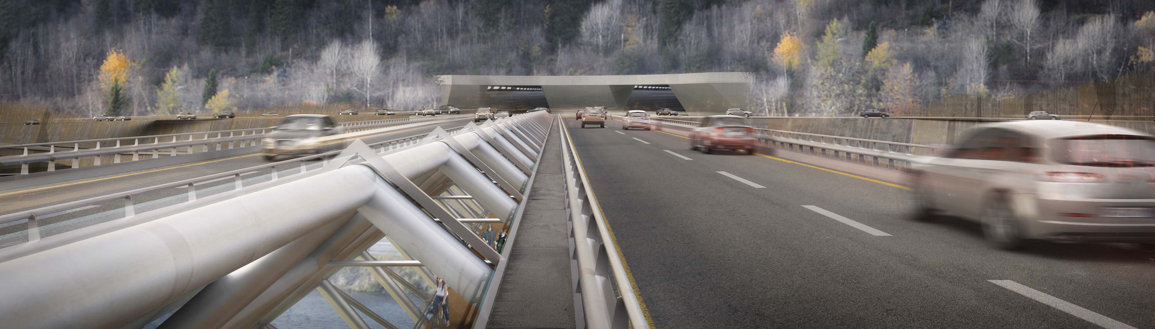 <strong>Sluppen Bro</strong> Highway view of Sluppen Bridge in Trondheim, Norway, designed by L2 Arkitekter, showcasing its modern steel structure with traffic in motion leading into a tunnel entrance, blending infrastructure with the natural landscape.
