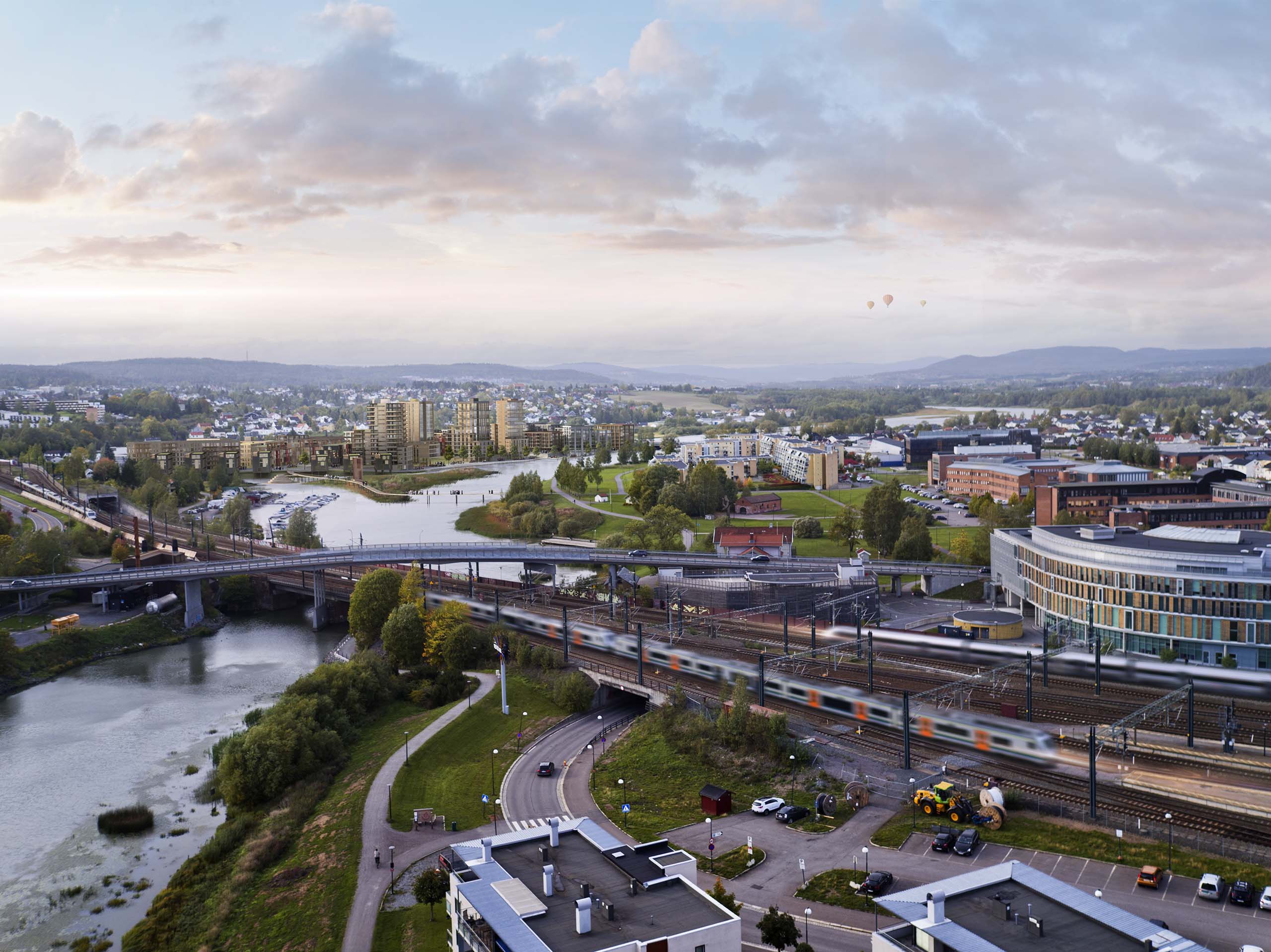 <strong>Strandveien Masterplan</strong> Aerial view of the masterplan in Lillestrøm Norway designed by HRTB AS Arkitekter developed by Nedre Romerike Vannverk and Lillestrøm Municipality featuring urban infrastructure green spaces and a river landscape
