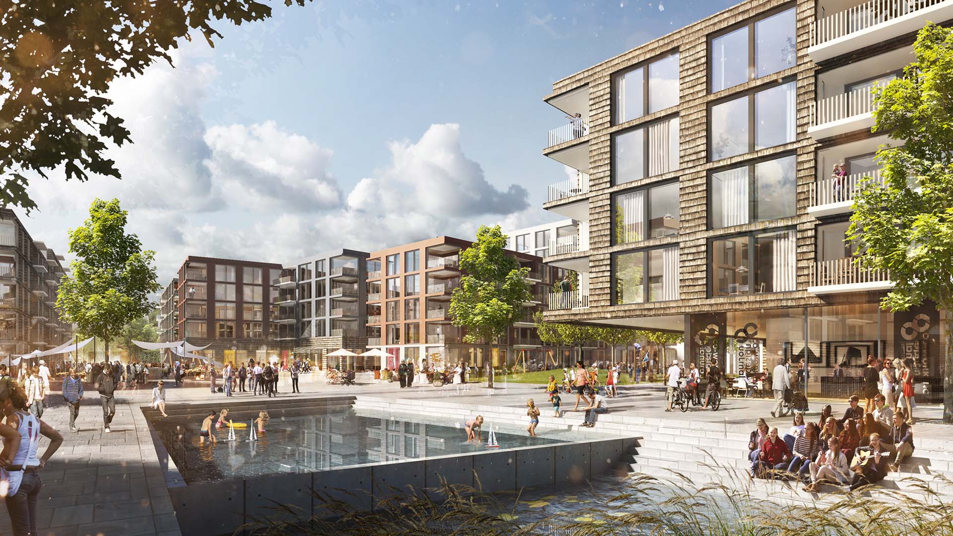 <strong>Strandveien Masterplan</strong> Daylight exterior of the Strandveien Masterplan in Lillestrøm Norway designed by HRTB AS Arkitekter developed by Nedre Romerike Vannverk and Lillestrøm Municipality featuring modern residential buildings public spaces and an urban canal water reservoir
